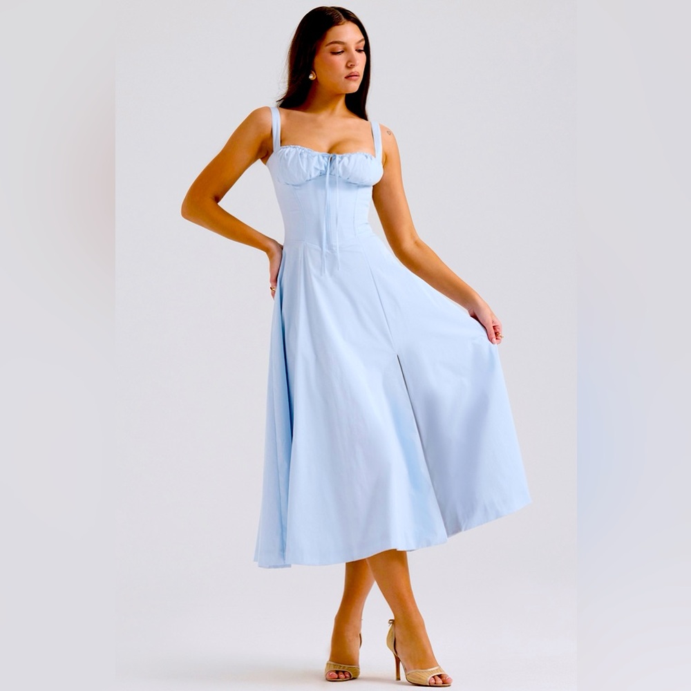 “Light Blue Square-Neck Midi Dress with Side Slit • Size Large